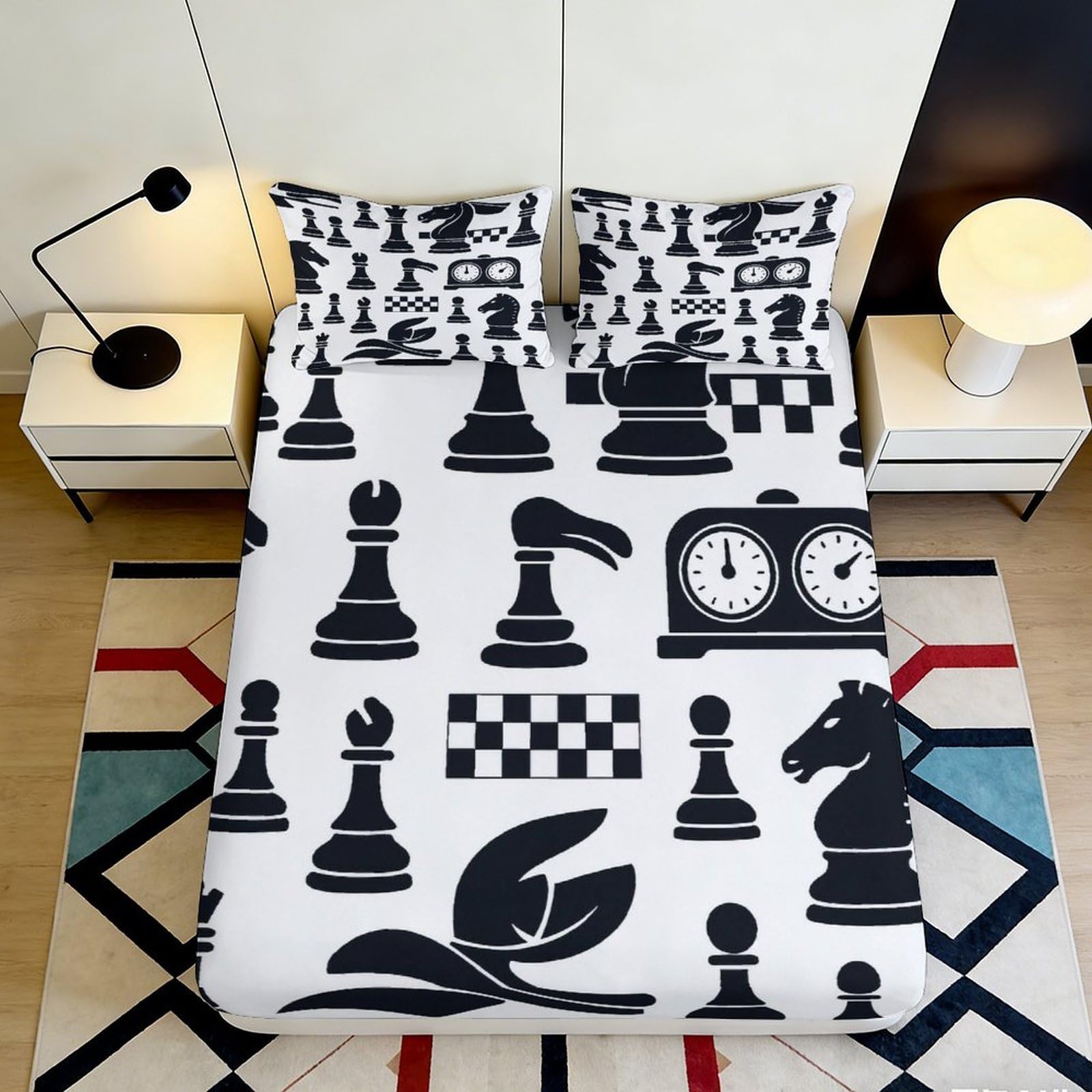 3D Printed Chess Pieces Fitted Sheet Microfiber Soft Breathable Chessboard Bed Cover for Bedroom Guest Room Decor 90x200x25cm