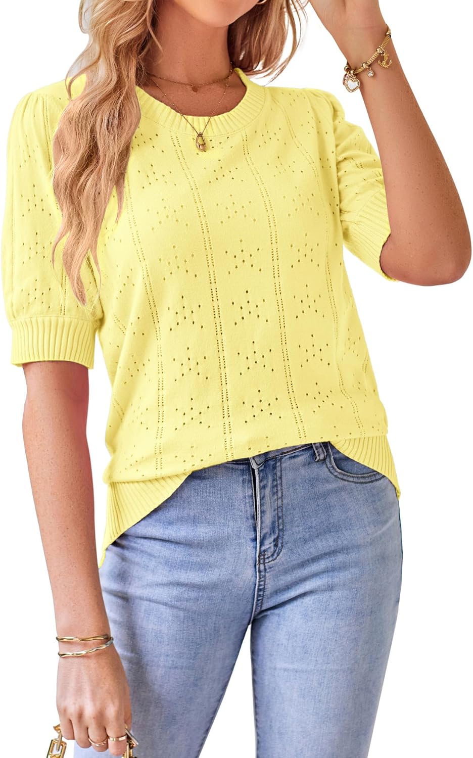 GRACE KARIN Summer Puff Short Sleeve Tops for Women 2026 Cute Crew Neck Crochet Blouse Dressy Casual Thin Pullover Sweater