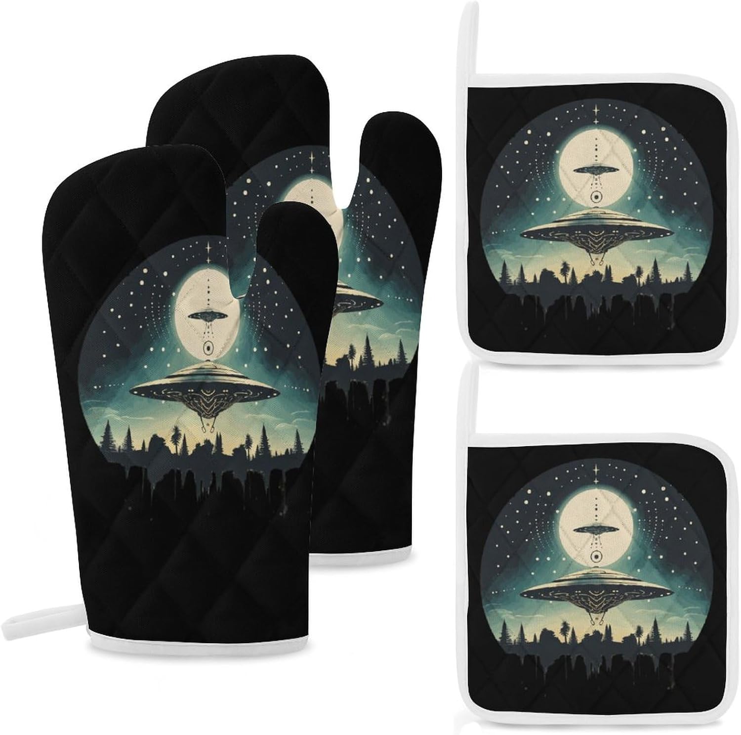 Alien Print 4 Pcs Oven Mitts and Pot Holders Set High Heat Resistant Long Kitchen Oven Glove Potholders