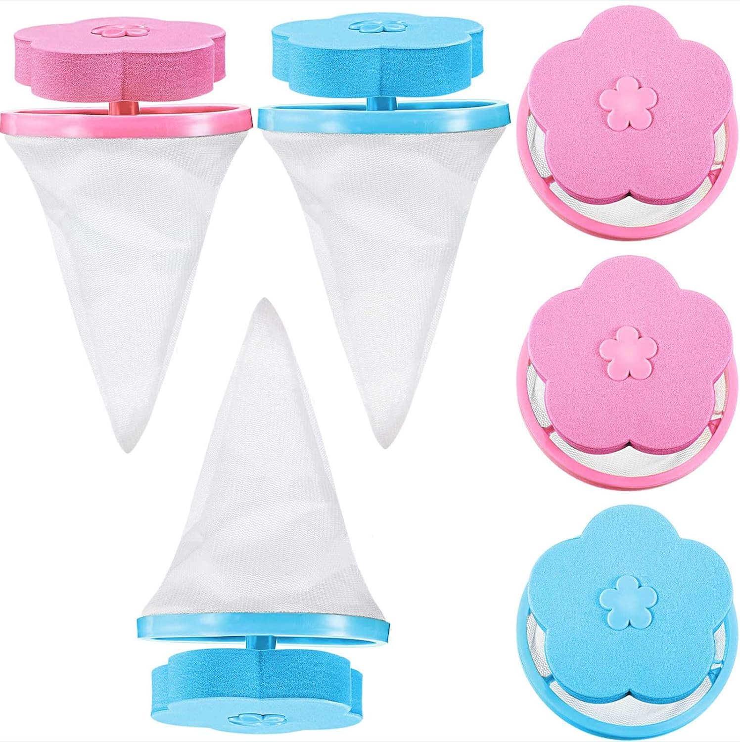 6 Pieces Lint Catcher Washing Machine Lint Traps Lint Mesh Bag Household Reusable Hair Filter Net Pouch, Blue and Pink