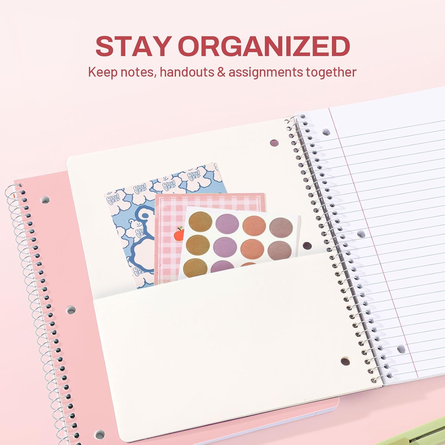 SUNEE Spiral Notebook, 1-Subject, Wide Ruled Paper, 8" x 10-1/2", 100 Sheets per Notebook, 3-Hole Punched Paper, Water Resistant Cover, Double-sided Pockets, Spiral Lined Notebooks for School, Pink image 2
