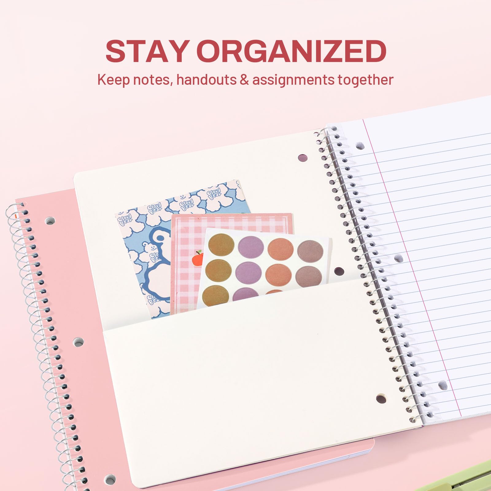 SUNEE Cuaderno en espiral, 1 materia, papel rayado ancho, 8 x 10-1/2 pulgadas, 100 hojas por cuaderno, papel perforado de 3 agujeros, cubierta resistente al agua, bolsillos de doble cara, cuadernos