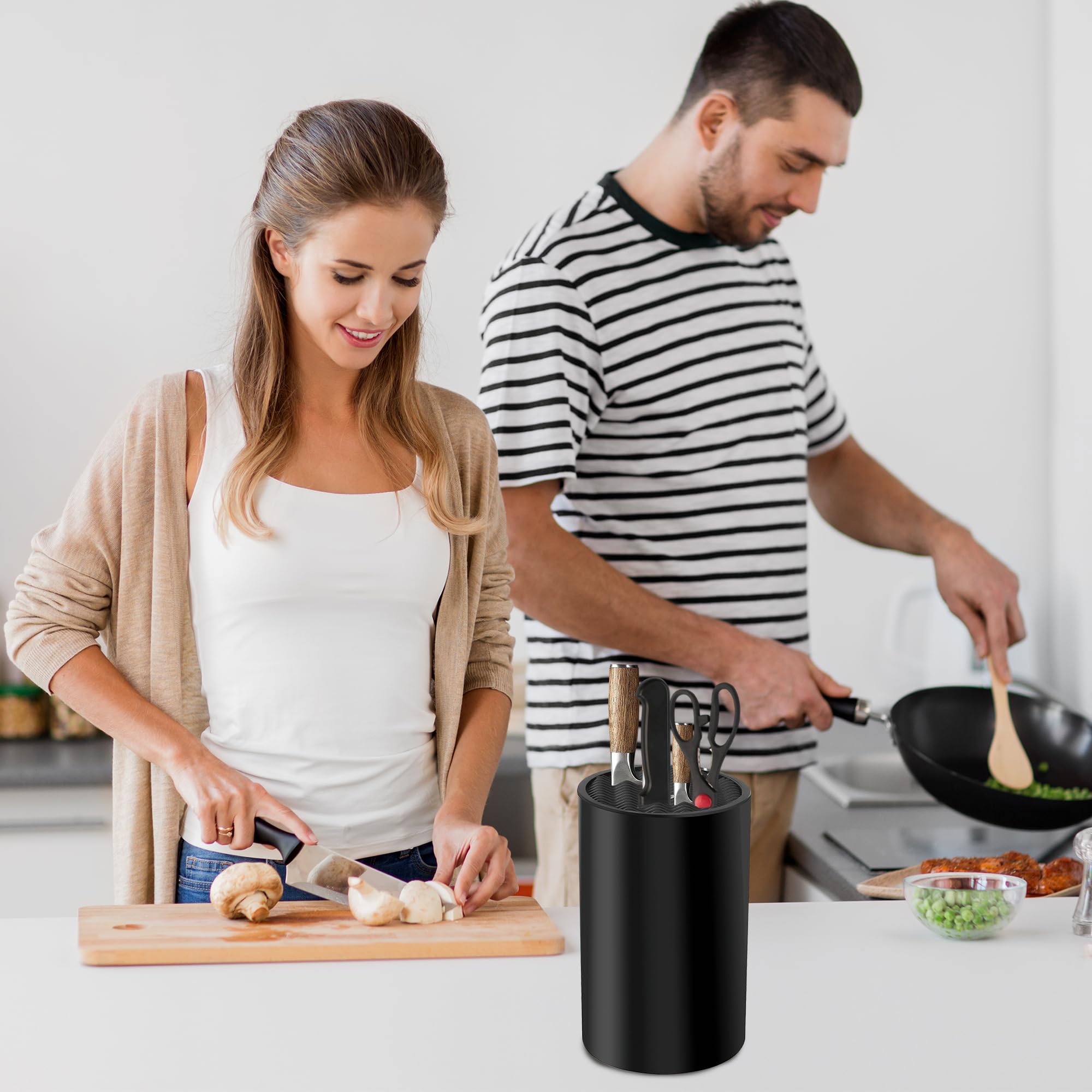 Bloc Couteaux Cuisine Vide Noir - Design Ondulé avec Support Porte 20 couteaux - Bloc Cuchillos Vide Antidérapant et Ventilé avec Brosse et Boîte de Rangement