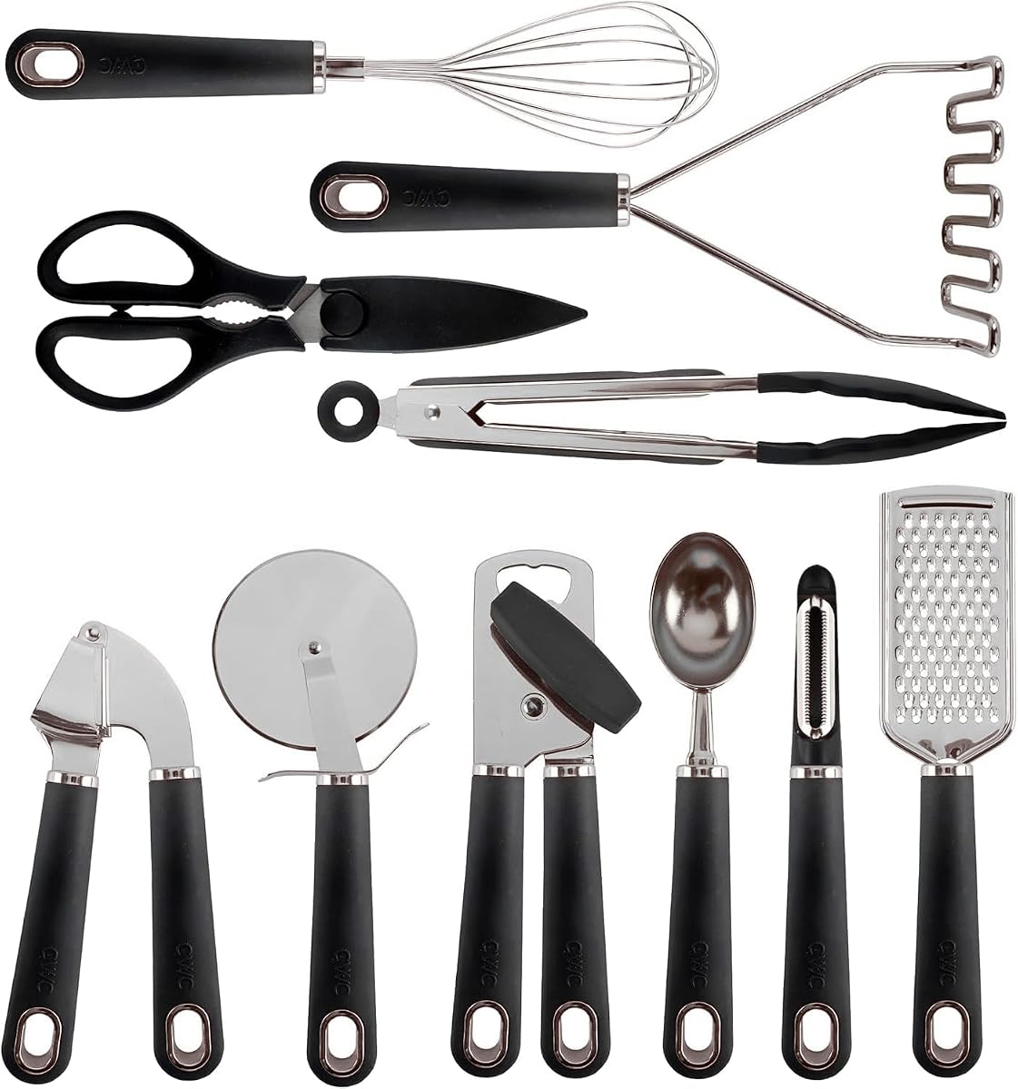 COOK WITH COLOR Kitchen Gadget Set Stainless Steel Utensils with Soft Touch Handles, 7 Pieces, Stainless Steel Black