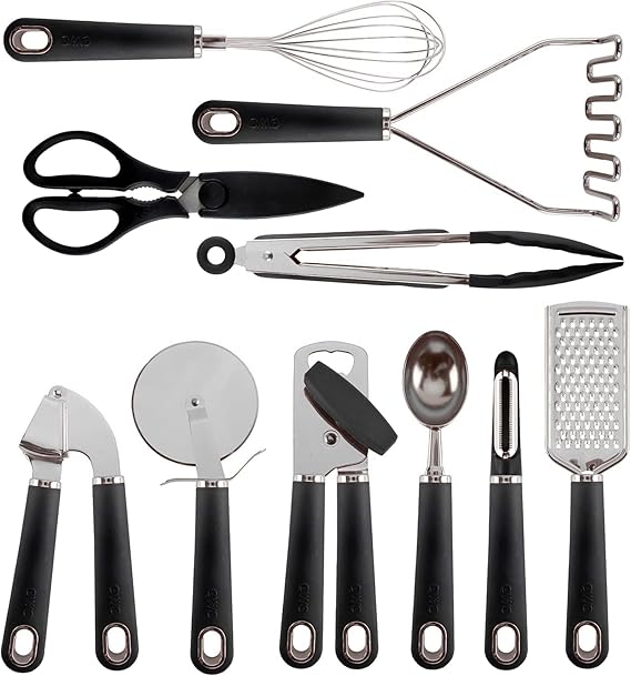 COOK WITH COLOR Kitchen Gadget Set Stainless Steel Utensils with Soft Touch Handles, 7 Pieces, Stainless Steel Black