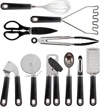 COOK WITH COLOR Kitchen Gadget Set Stainless Steel Utensils with Soft Touch Handles, 7 Pieces, Stainless Steel Black