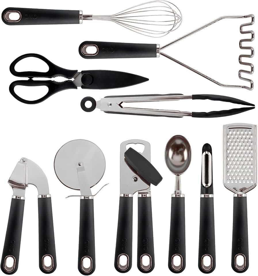 COOK WITH COLOR Kitchen Gadget Set Stainless Steel Utensils with Soft Touch Handles, 7 Pieces, Stainless Steel Black