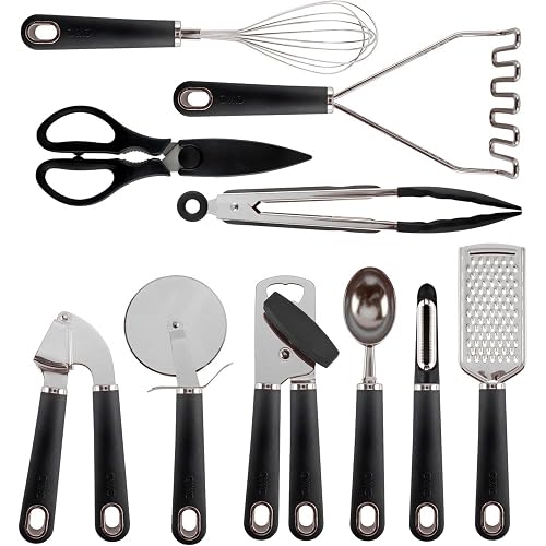 COOK WITH COLOR Kitchen Gadget Set Stainless Steel Utensils with Soft Touch Handles, 7 Pieces, Stainless Steel Black