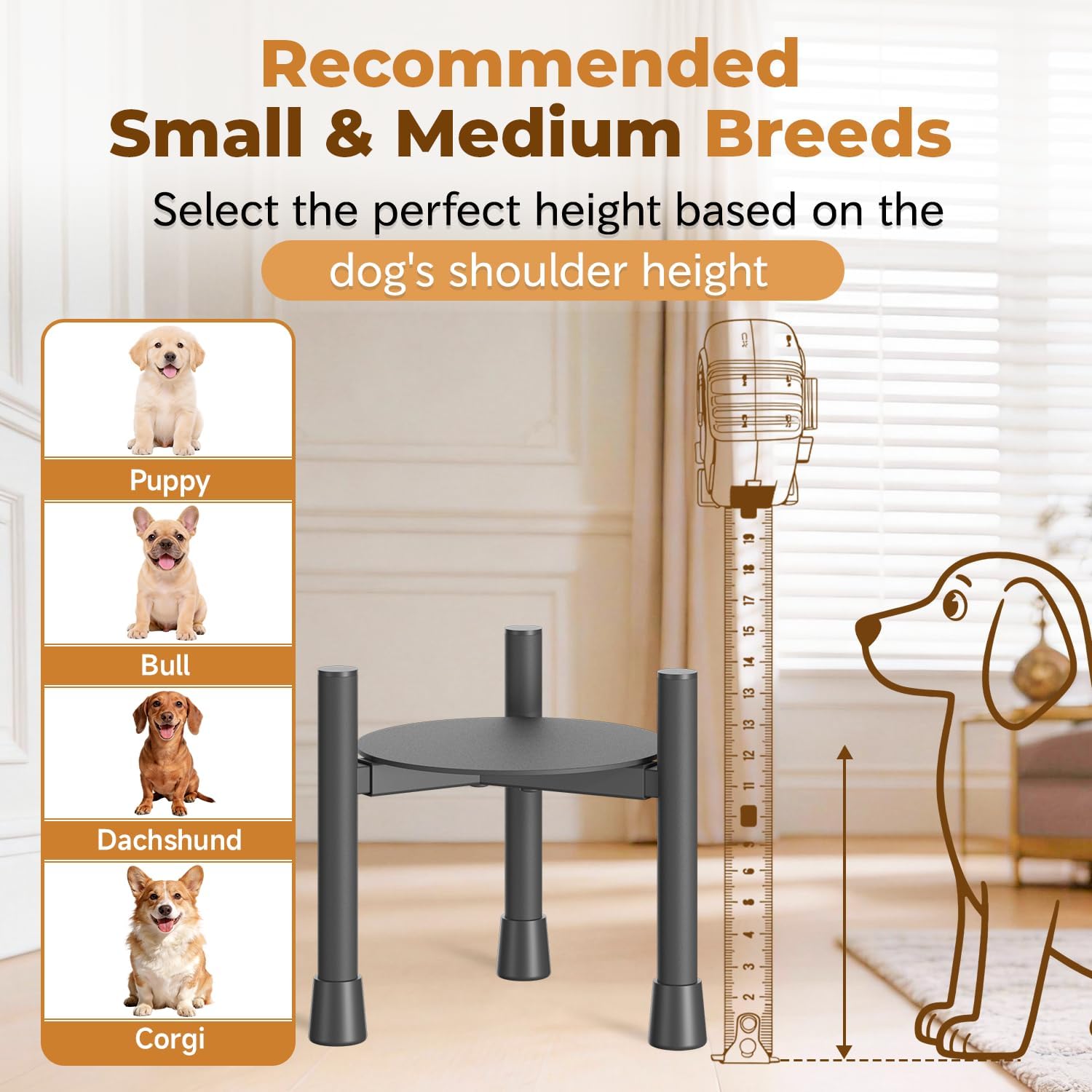 Oppro Single Elevated Dog Bowl Stand for Small Medium Breed, Adjustable Width 6-10in, 10in Tall Non-Slip Metal Raised Puppy Food Feeder Water Holder, Fits Various Size Ceramic Stainless Steel Pet Bowl