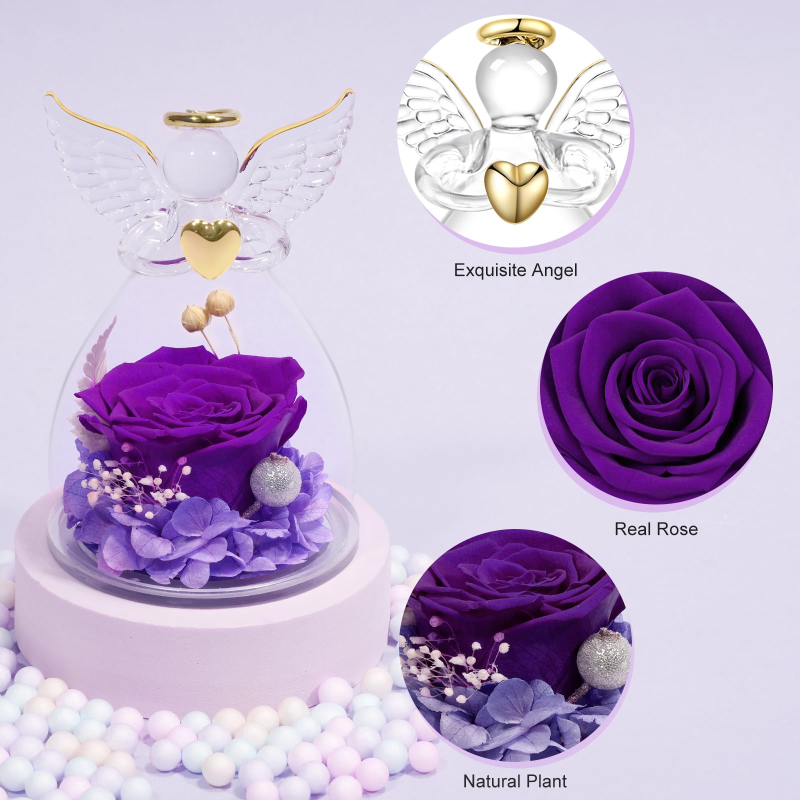 Rosa Stabilizzata In Cupola Con Angelo - Regalo Donna Eterno, Ideale Per Mamma E Nonna