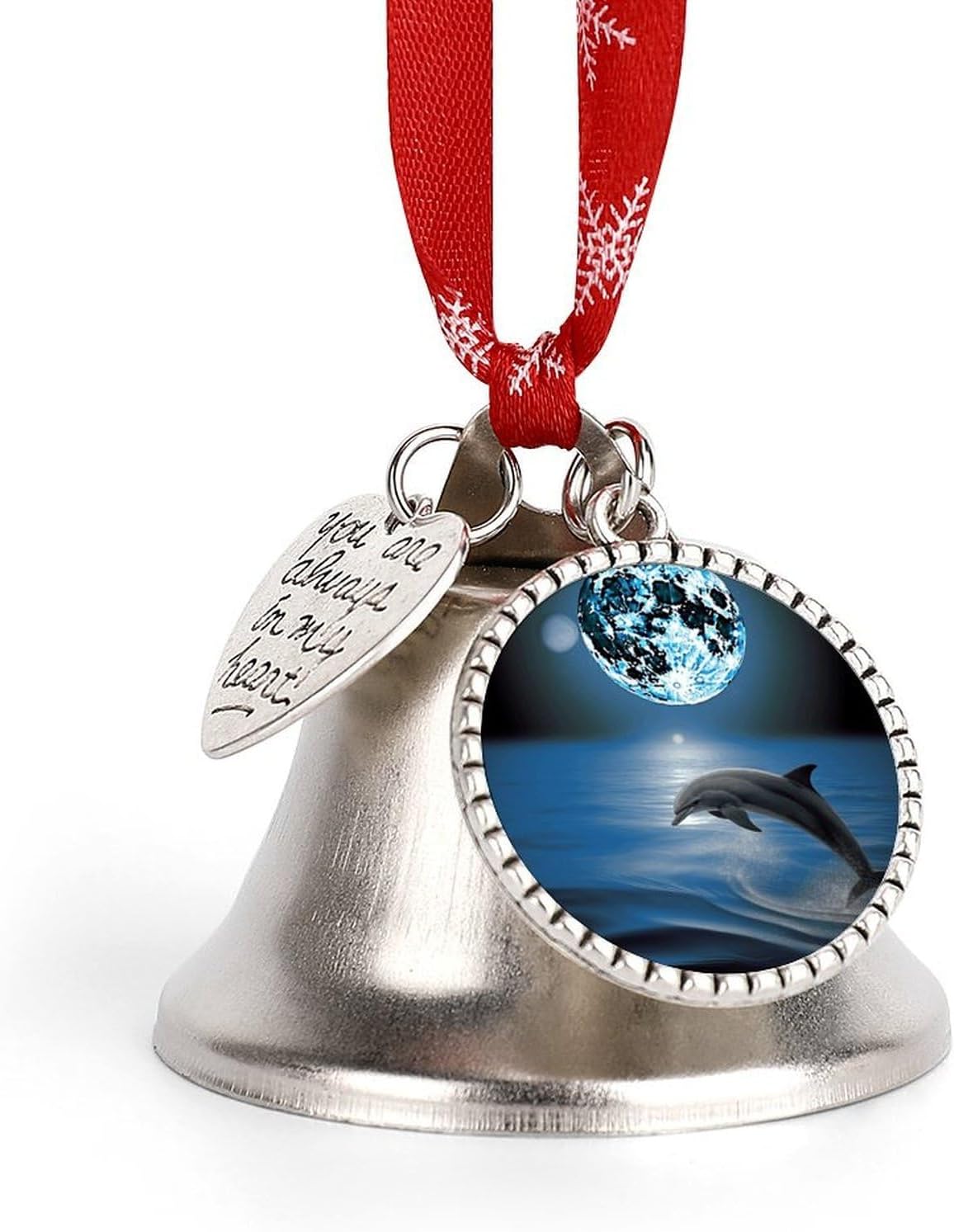 Dolphin and Moon Christmas Bells Ornaments with Wings & Heart Silver Bell Pendant for Christmas Tree Home Door Mantle Fireplace Decoration