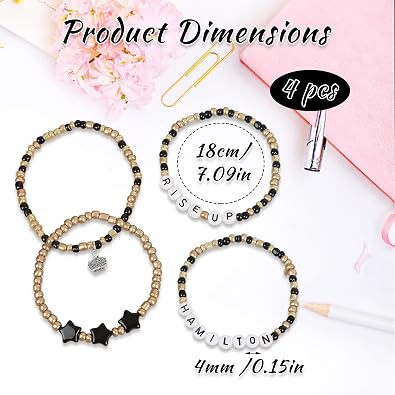 4 PCS Hamilton Musical Bracelet Set, Elegant Hamilton Merch, Gifts for Music Lovers, Black Gold Wristband with Card, Accessories for Concert, Theater Fans
