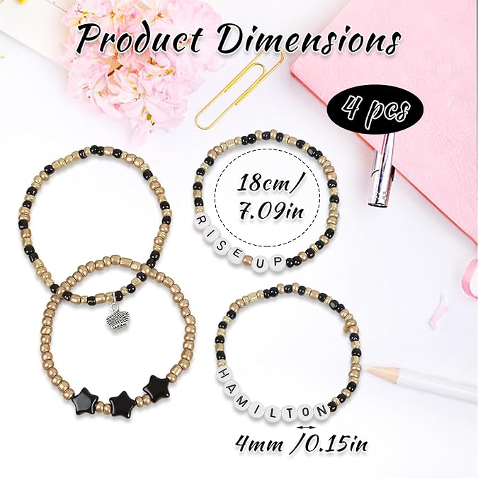 4 PCS Hamilton Musical Bracelet Set, Elegant Hamilton Merch, Gifts for Music Lovers, Black Gold Wristband with Card, Accessories for Concert, Theater Fans