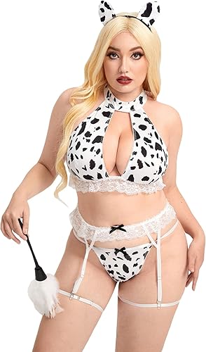 OYOANGLE Conjunto de lencería para mujer, talla grande, 6 piezas, con estampado de vaca, para cosplay, conjunto de lencería