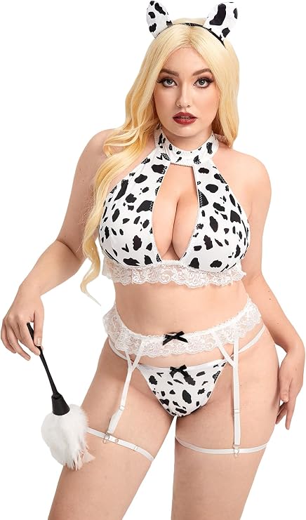 OYOANGLE Women's Plus Size 6 Piece Cow Print Cut Out Garter Costume Cosplay Lingerie Set