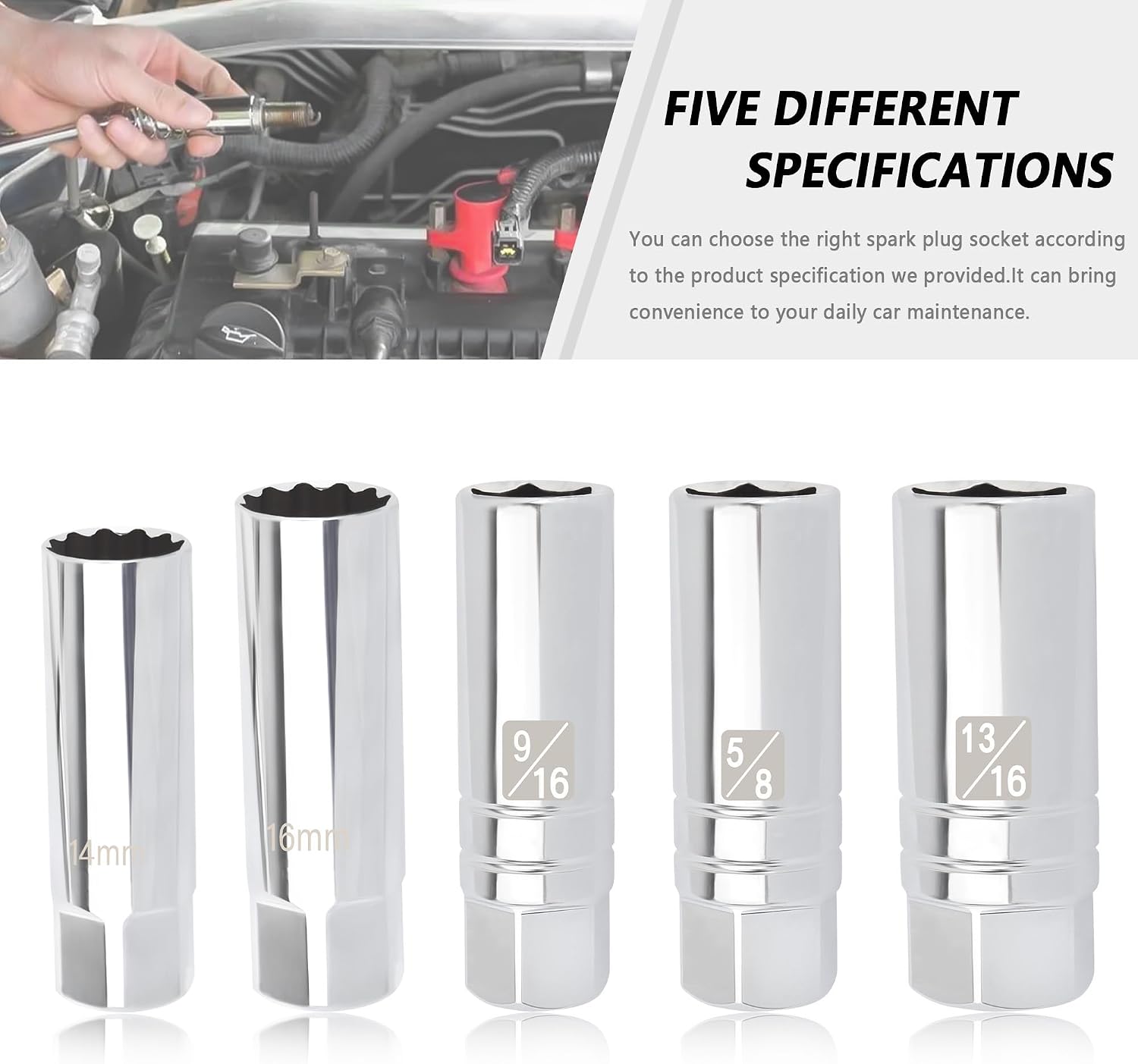 5PCS Magnetic Spark Plug Socket Set,Include Thin Wall 12 Point Socket Set 3/8 Drive 14mm&16mm,and Spark Plug Removal Tool 9/16",5/8",13/16",Universal Magnetic Socket Set Car Accessories