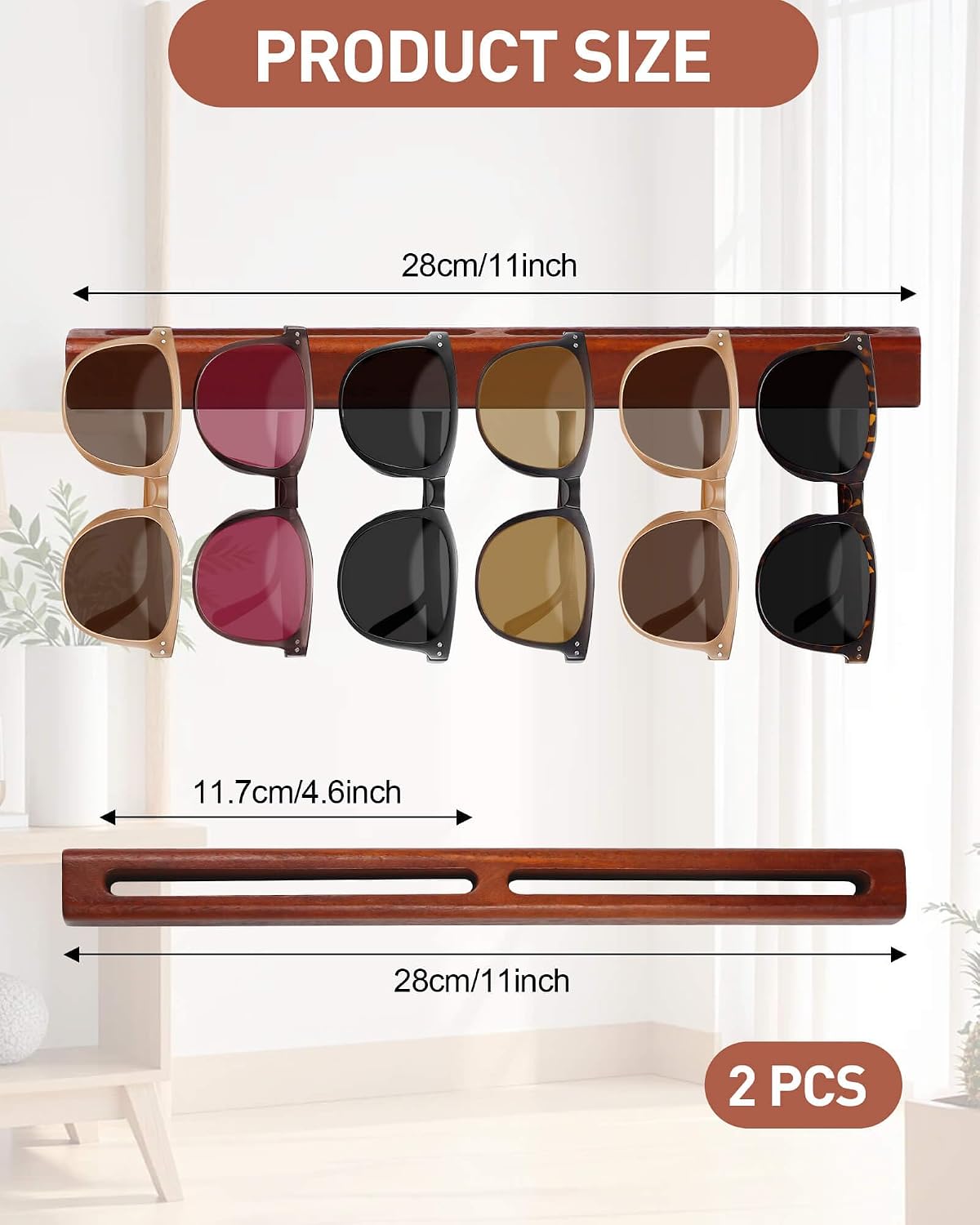 TRIZILLA 2PCS Sunglass Organizer, Wooden Wall Mounted Sunglasses Organizer, Hanging Sunglasses Holder for Home, Office, Entryway, Bedroom (Walnut Color)