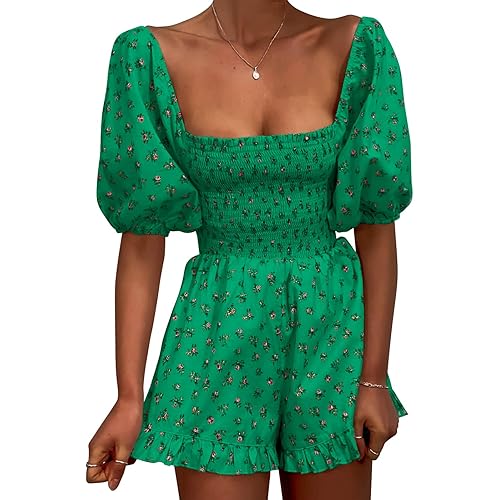 Jeanewpole1 Women Shirred Smocked Tube Top Short Wide Leg Pants Romper Jumpsuit