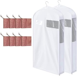 Briwooody 2 Sets 40 Inch Short Cotton Garment Bags, Breathable Hanging Clothes Covers with Card Pocket & Mesh Viewing Window, 8 Cedar Blocks for Suits, Sweaters, Fur Coats, Short Dresses, 6 Inch Wide