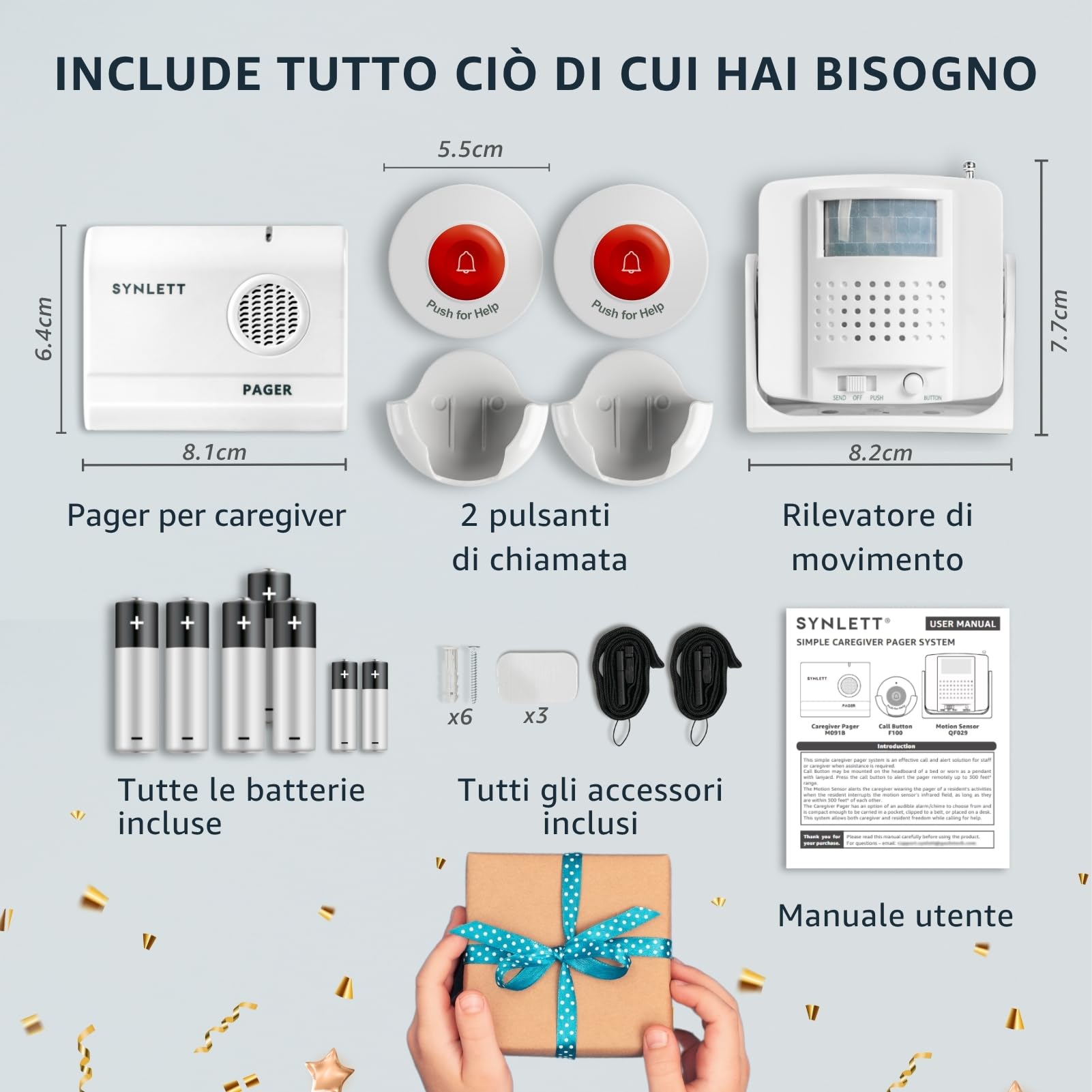 Cercapersone Wireless con 2 Pulsanti SOS 1 Sensore di Movimento e 1 Pager Portatile Sistema di Allarme per Badanti Anziani Prevenzione Cadute Emergenze Casa Cura