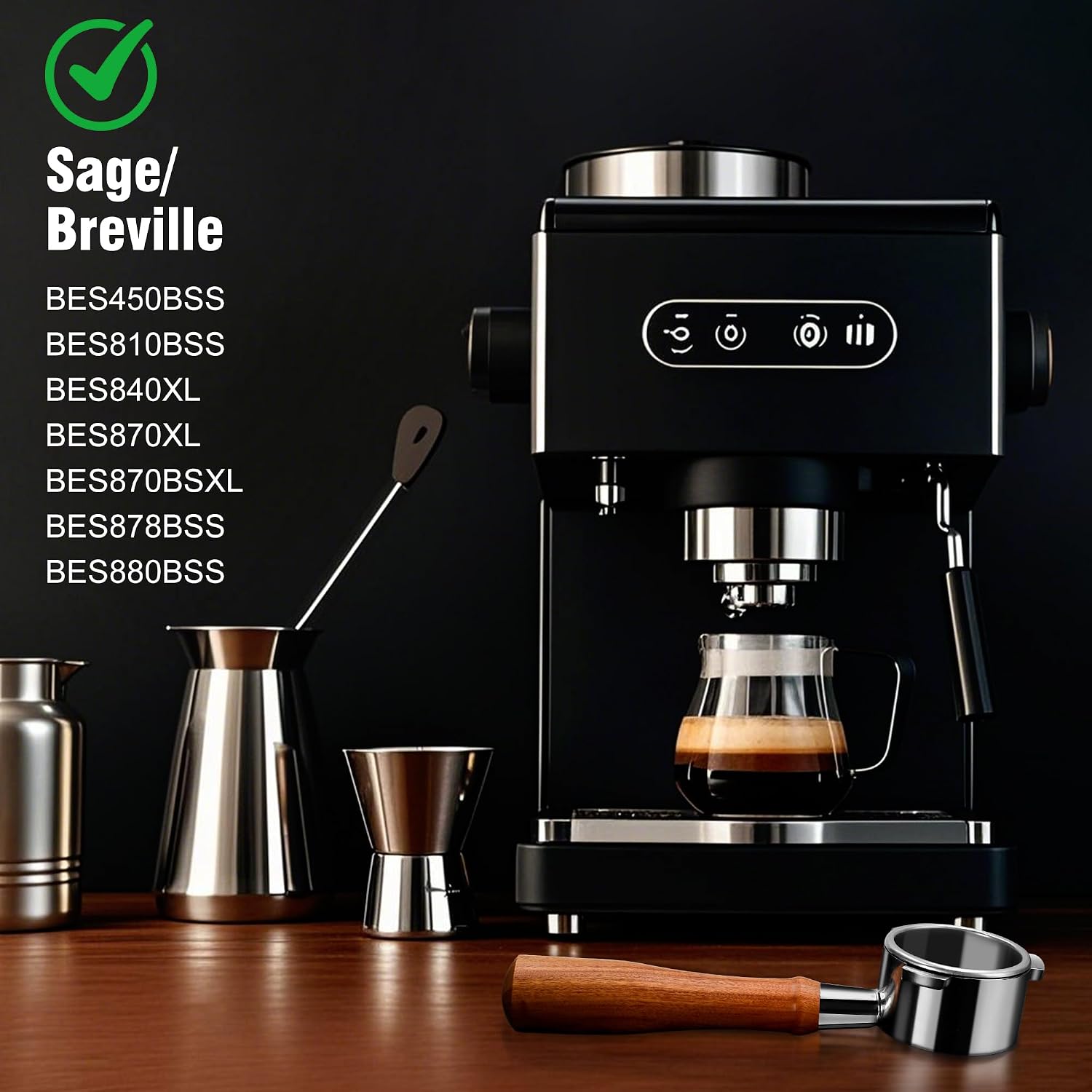 54mm Bottomless Portafilter with Stirrer Tool, Filter Basket, Rosewood Handle, 3 Ears Espresso Portafilter for Breville/Sage Espresso Machines, Stainless Steel Espresso Accessories Set