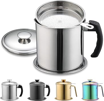 Berglander Bacon Grease Container With Strainer 47oz/1.4L, Stainless Steel Oil Storage Container with Fine Mesh Strainer Dust-proof for Storing Frying Oil and Cooking Fat, Cooker Accessories