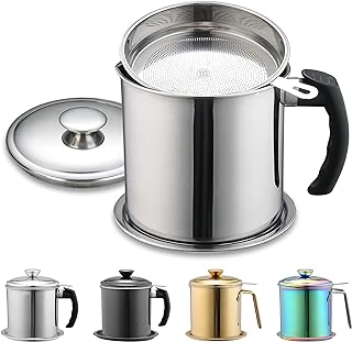 Berglander Bacon Grease Container With Strainer 47oz/1.4L, Stainless Steel Oil Storage Container with Fine Mesh Strainer Dust-proof for Storing Frying Oil and Cooking Fat, Cooker Accessories