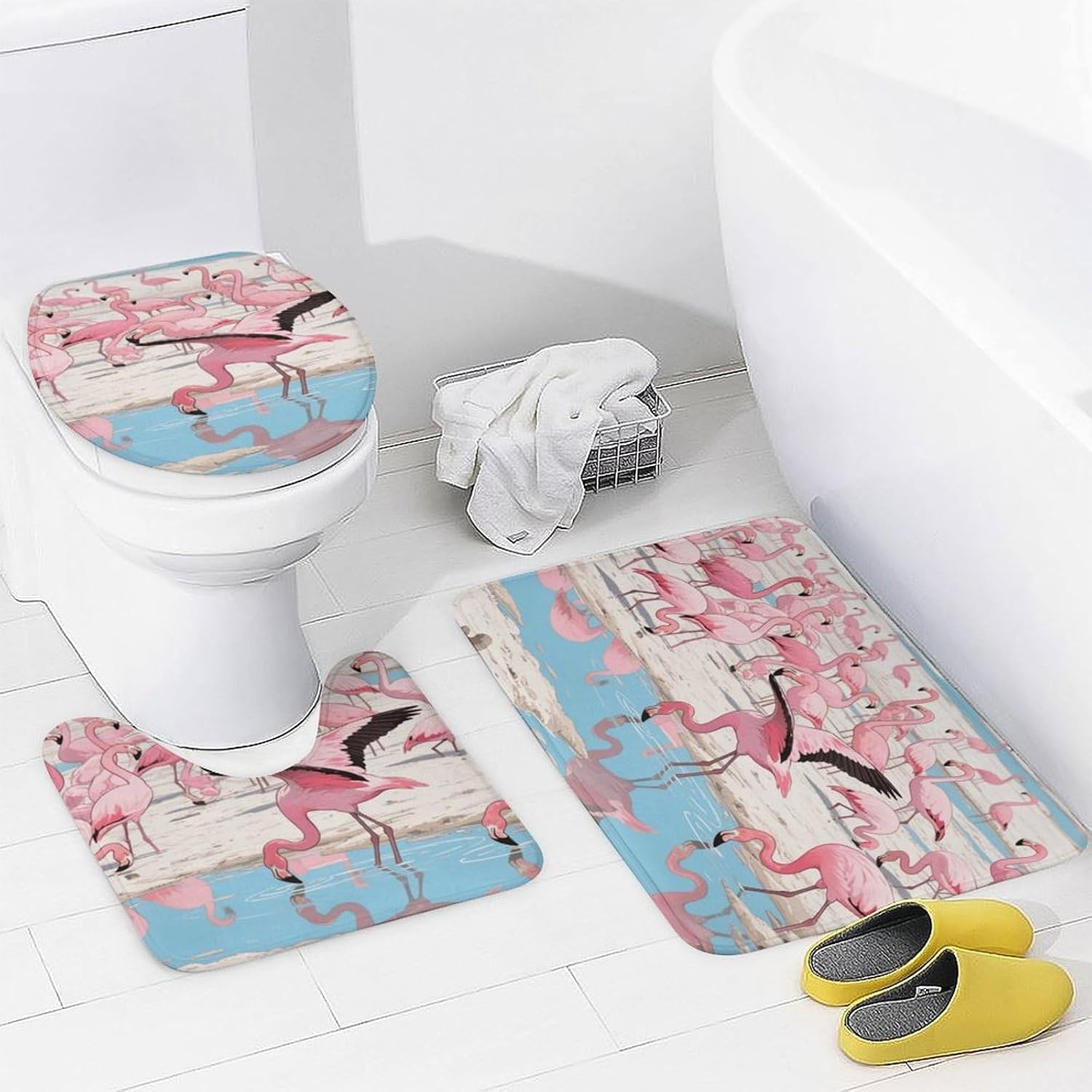 Flamingos on The Beach Bath Rug Set 4 Piece,Bathroom Accessories Set-Toilet Rugs U Shaped,Toilet Lid Cover,Shower Curtain and Rugs,Ultra Soft, Absorbent,Home Decor