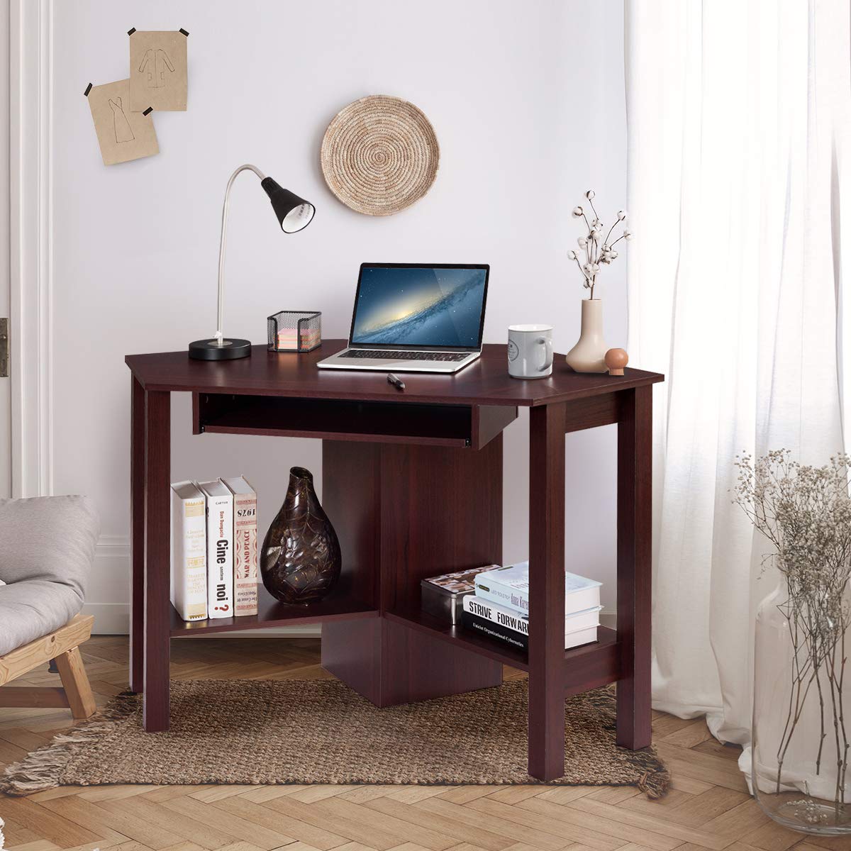 Tangkula Corner Desk, Corner Computer Desk with Smooth Keyboard Tray for Small Space, Triangle