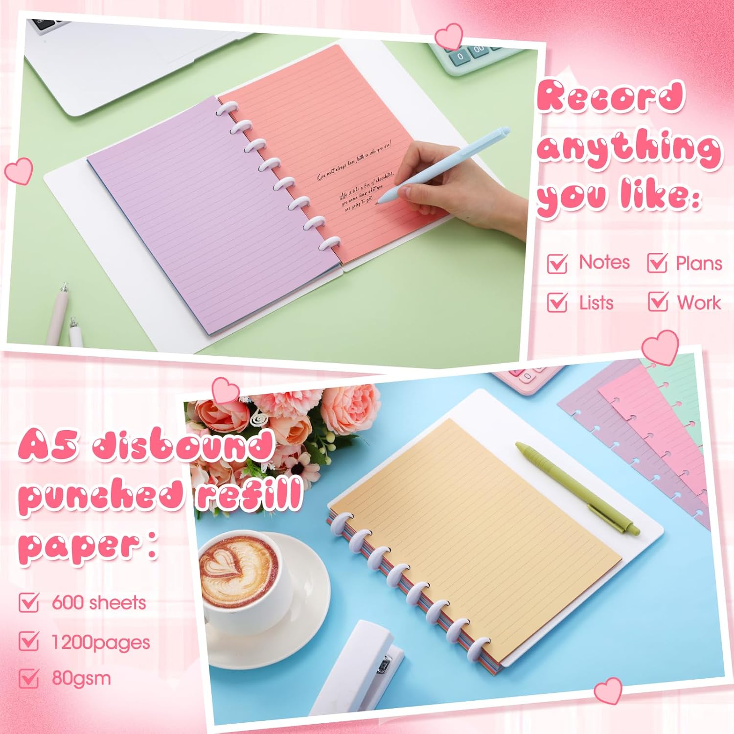 PerKoop 12 Pack 600 Sheets Half-letter Size Discbound Lined Planner Refill 5.5'' x 8.5'' College Ruled Size A5 8 Disc Notebooks 12 Colors Disc Notebooks Refill for Journaling(Candy Color)