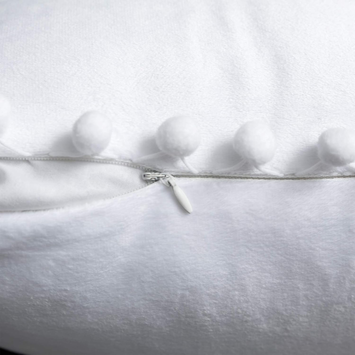 White Velvet Decorative Throw Pillow Covers Pom Poms Soft Solid Square Cushion Cases for Sofa Couch Bedroom Car, Pack of 2, 26 X 26 inches