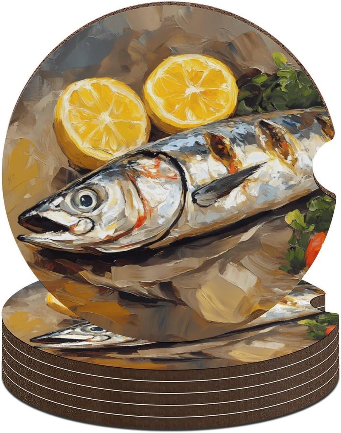 Mackerel Fish with Lemon and Tomatoes Car Cup Holder Coaster with Cork Base 2.6 Inches Anti Slip