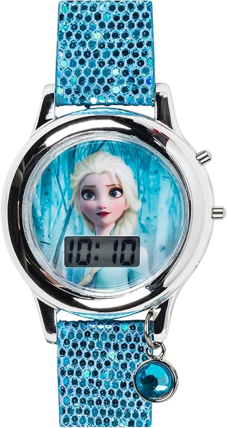 Disney Frozen 2 Elsa & Anna Kids Digital Watch with Glitter Strap and Stone Charm, Interactive LED Light Show, Soft Glitter Strap, Perfect for Young Frozen Fans, Easy-to-Read LCD Display, Official Licensed Disney Product