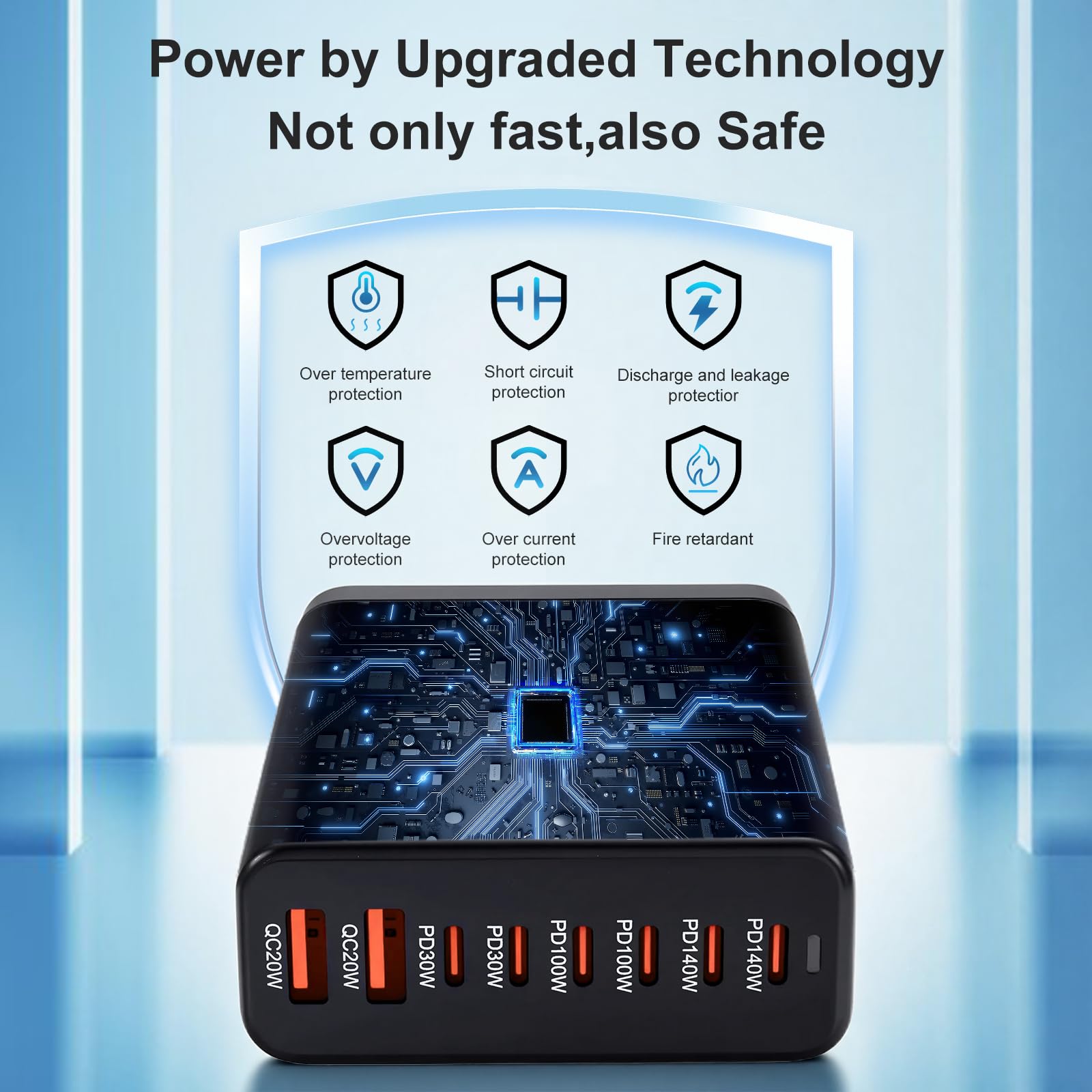 580W USB C Ladegerät, 8 Port Ultra-schnelle GaN Ladestation (6C+2A), Max PD140W/QC20W Laptop Schnellladegerät Ladegerät Mehrfach für MacBook Pro/Air, iPad, iPh0ne, HP, Galaxy S25 usw