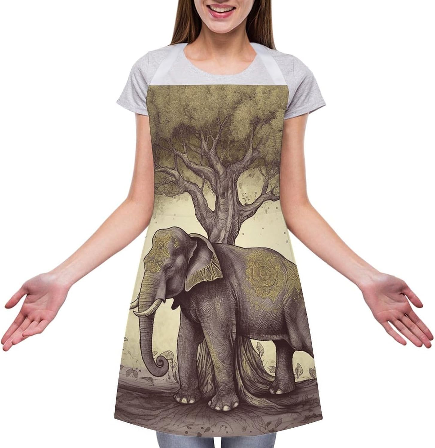 Asian Elephant with Tree Chef Aprons with Pockets Personalized Adjustable Bib Apron for Men Women Fashion Waterproof Cooking Aprons Cute Funny Kitchen Apron for Work Home&Gift