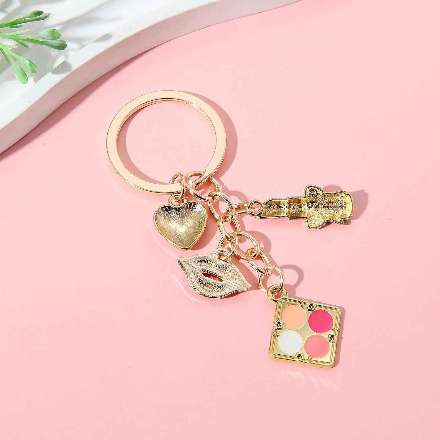 PHAETON 10PCS Fashion Makeup Keychain with Pink Heart Charms, Decorative Cosmetic Palette and Lips Design for Women Enthusiast Keychain Set Makeup Lovers Gift