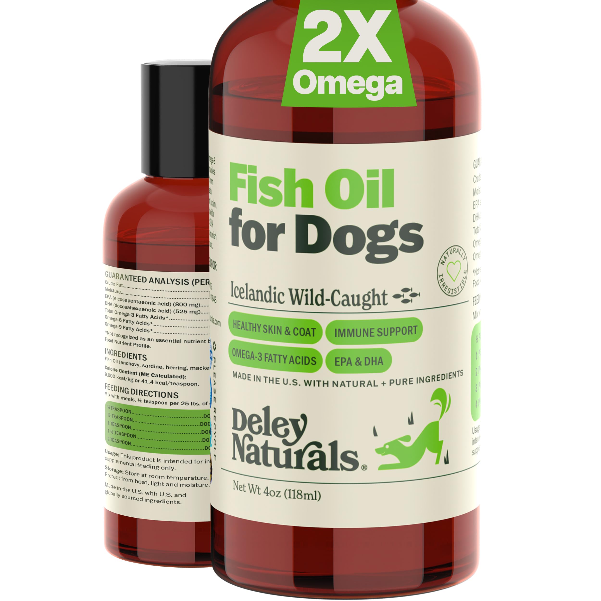 Deley Naturals Dog Fish Oil Icelandic 2X Omega - Dog Itching Skin Relief with Omega 3 6 9 for Allergies, Coat & Heart - Omega 3 Fish Oil for Dogs Skin Irritation - 4oz Omega Oil for Dogs Made in USA