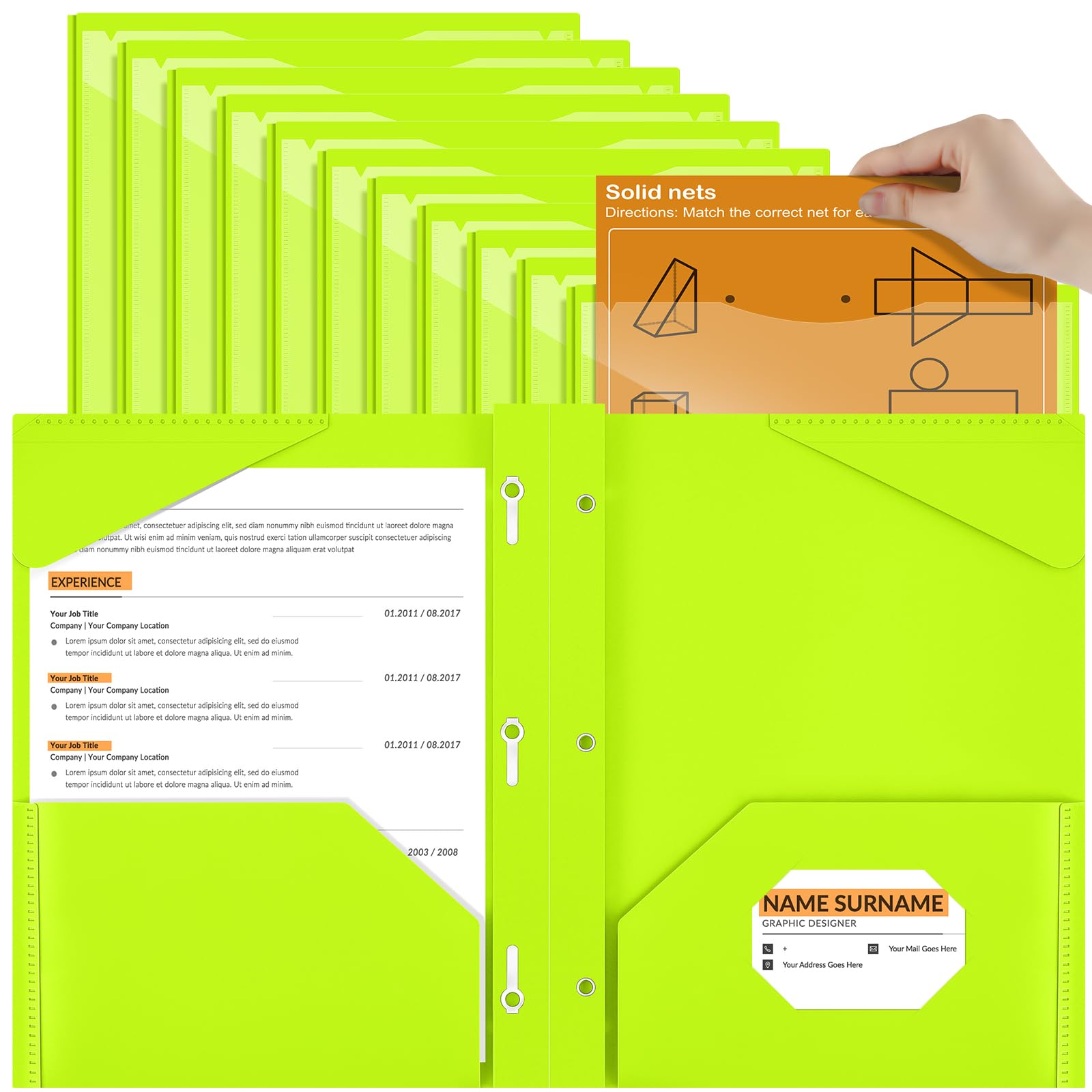 Henoyso 18 Pcs Plastic Folder with Clear Front Pocket and 3 Prong Plastic Folders with Card Slot Pocket Folders with Prongs for School Office (