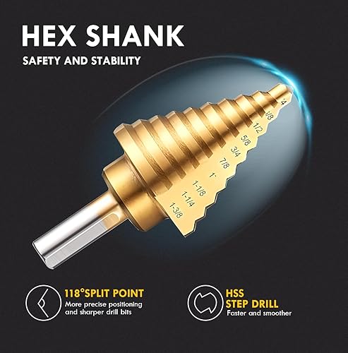 Miniatura 2 de Juego de 6 brocas escalonadas con punzón central automático, de 18 a 1-38 pulgadas, broca escalonada de acero de alta velocidad para acero