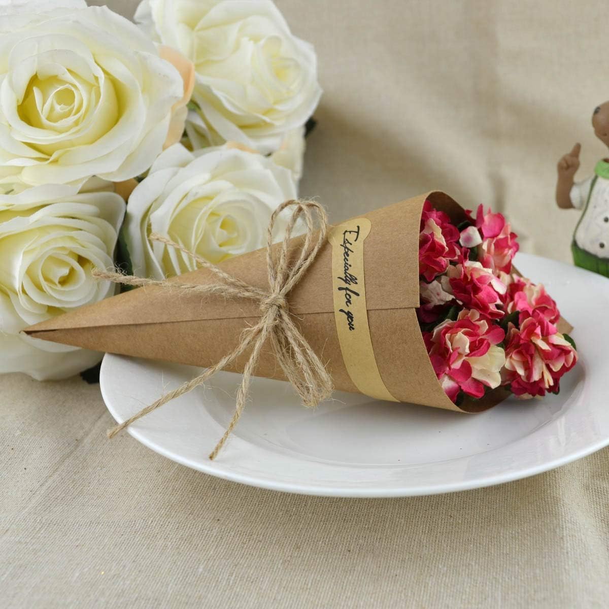 50pcs DIY Handmade Bouquet Packaging Paper Cone Yellow Kraft Paper with Hemp Rope Label Sticker Tape, Used for DIY Wedding Table Decor Party Gift Packaging, Brown