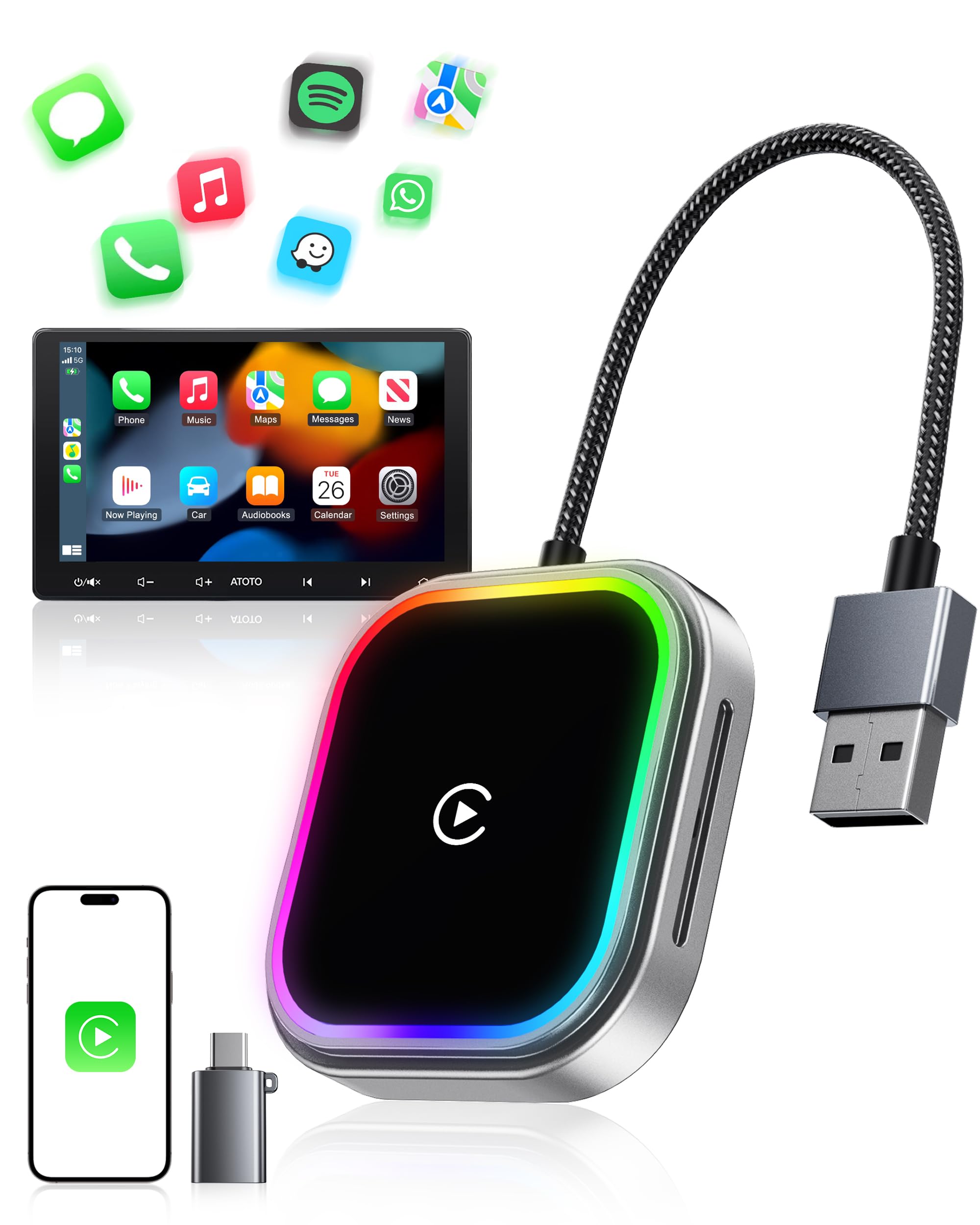 WityEye CarPlay und Android Auto Wireless Adapter 2 In 1, V5.3 Bluetooth Stabile Verbindung, Dualband WiFi 6 Schnelle Datenübertragung, USB C/A, für Apple iPhone iOS 10+, Smartphone Android 11+