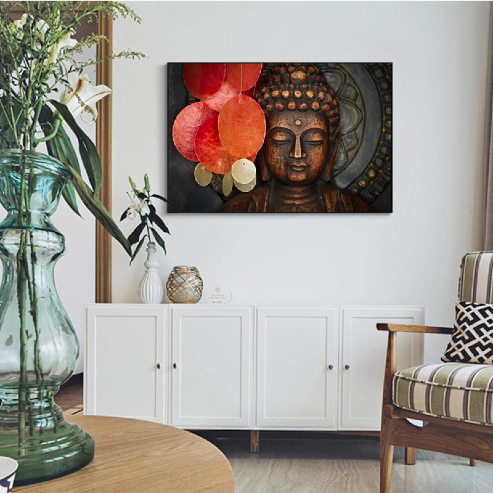 Yooyu Estatua tallada de Buda de bronce Pintura en lienzo de pared Pósteres e impresiones de Buda Cuadro de arte de pared para sala de estar Decoración del hogar 60x95cm (24x37in) con marco