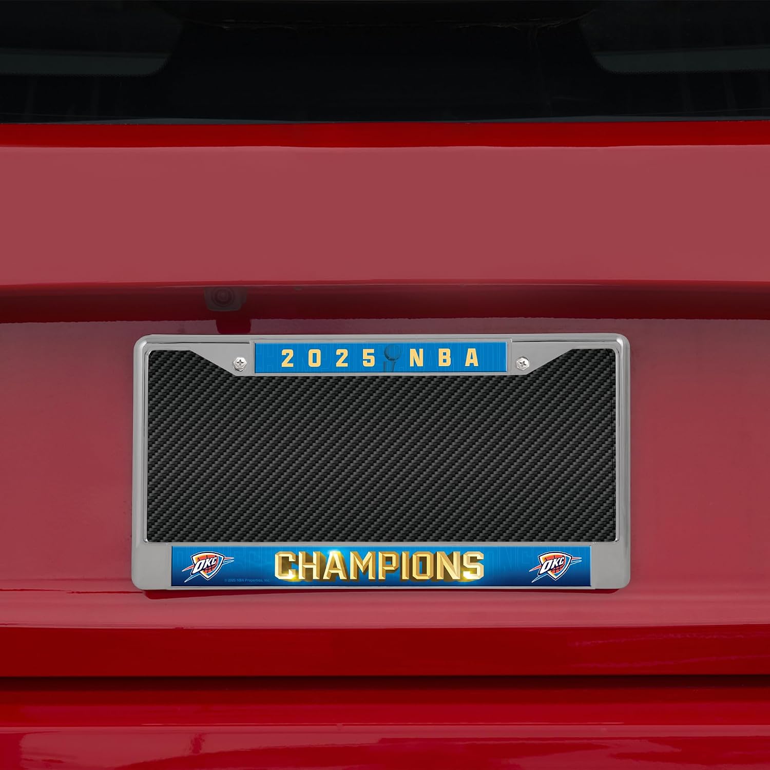 Rico Industries NBA Basketball Oklahoma City Thunder 2025 NBA Champions 12" x 6" Chrome Frame with Decal Inserts - Car/Truck/SUV Automobile Accessory