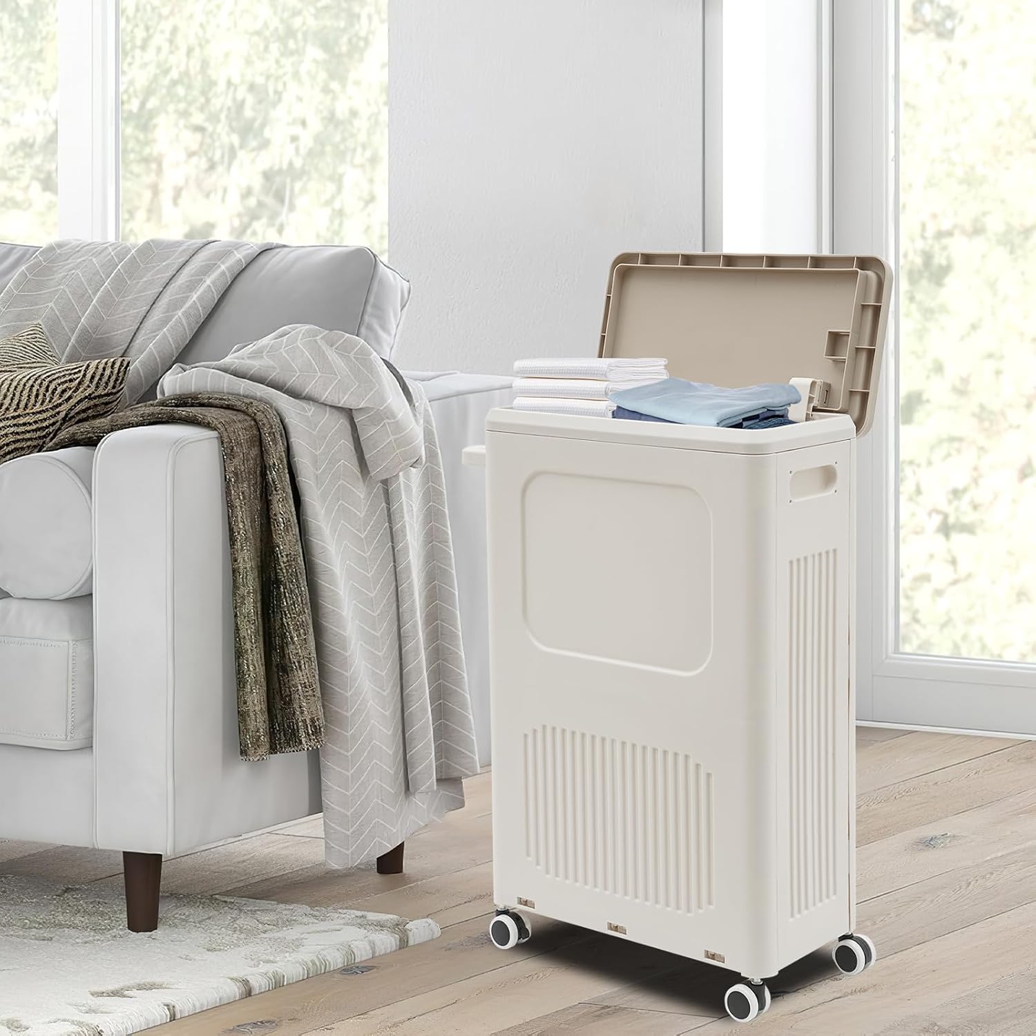 Storage Basket, Laundry Hamper with Lid, Rolling Storage Bin with Wheels, Plastic Clothes Organizer, Dual-Opening Design, Lockable Casters, Space-Saving for Bedroom, 48L/12.68Gal, 19x8.4x26.4in