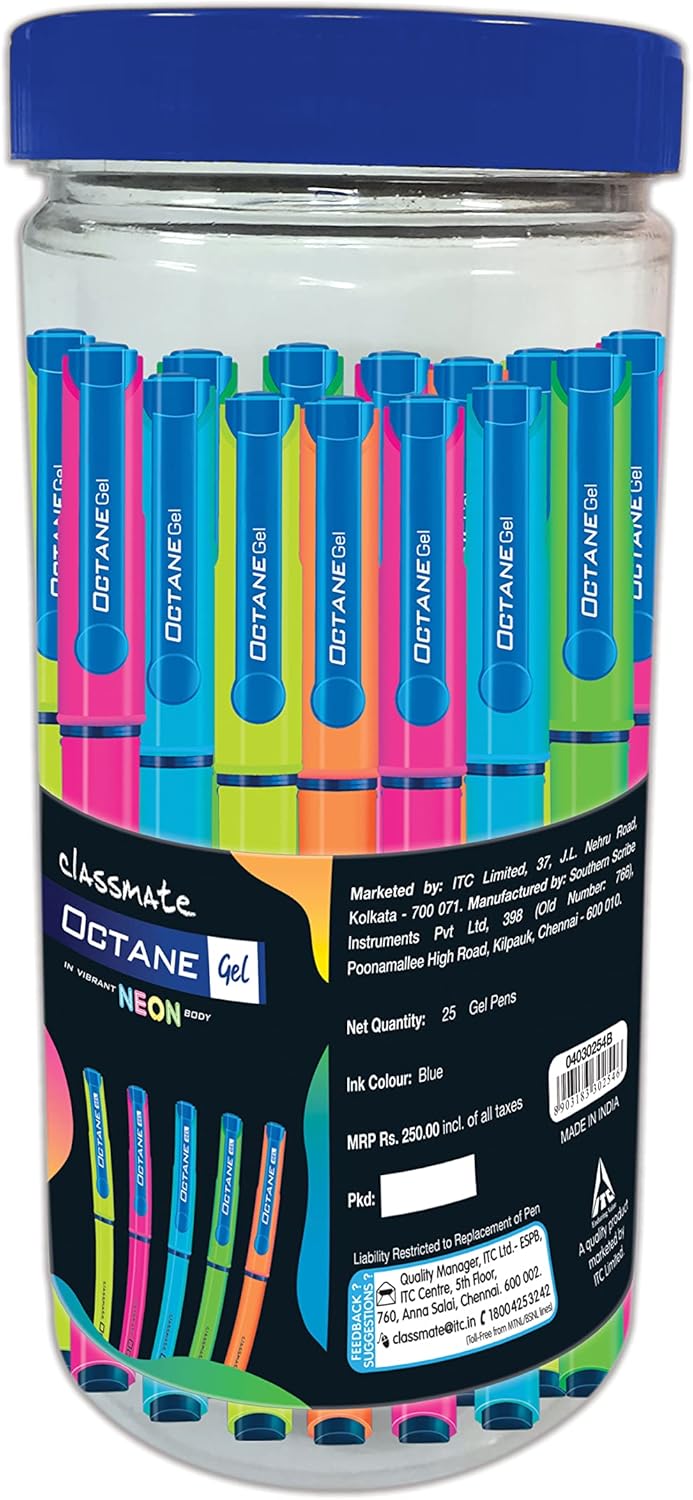 Classmate Octane Gel Pen Neon Series (Blue) Pack of 25 + 10 Gel