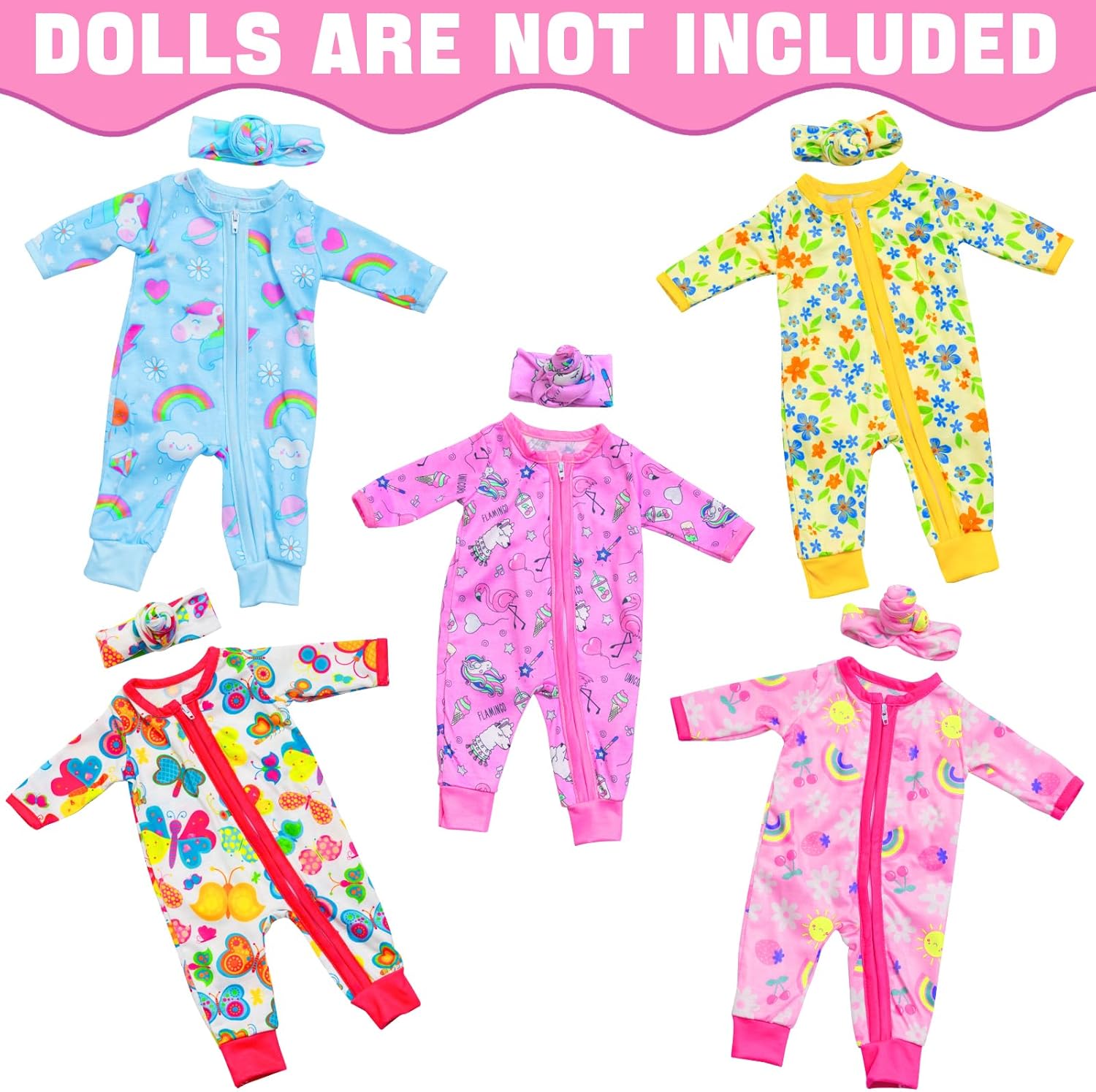 ZITA ELEMENT 5 Sets 14-18 Inch Baby Doll Clothes Outfits Casual Wear with Accessories - 10 Pcs Including Rainbow, Strawberry, Floral, Flamingo, and Butterfly Designs for 14-18 Inch Dolls