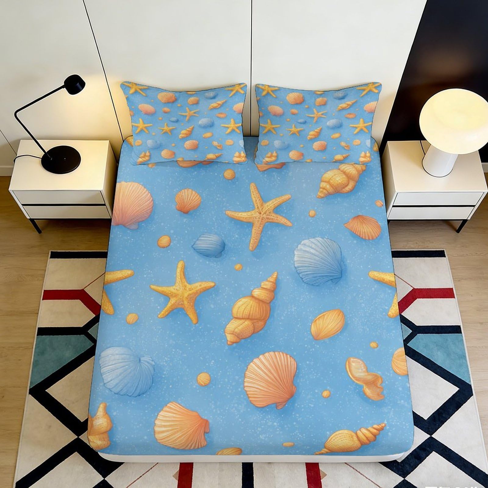 3D Printed Seashell Starfish Fitted Sheet Microfiber Blue Ocean Bed Cover Non Slip Washable for Bedroom Guestroom 90x200x25cm