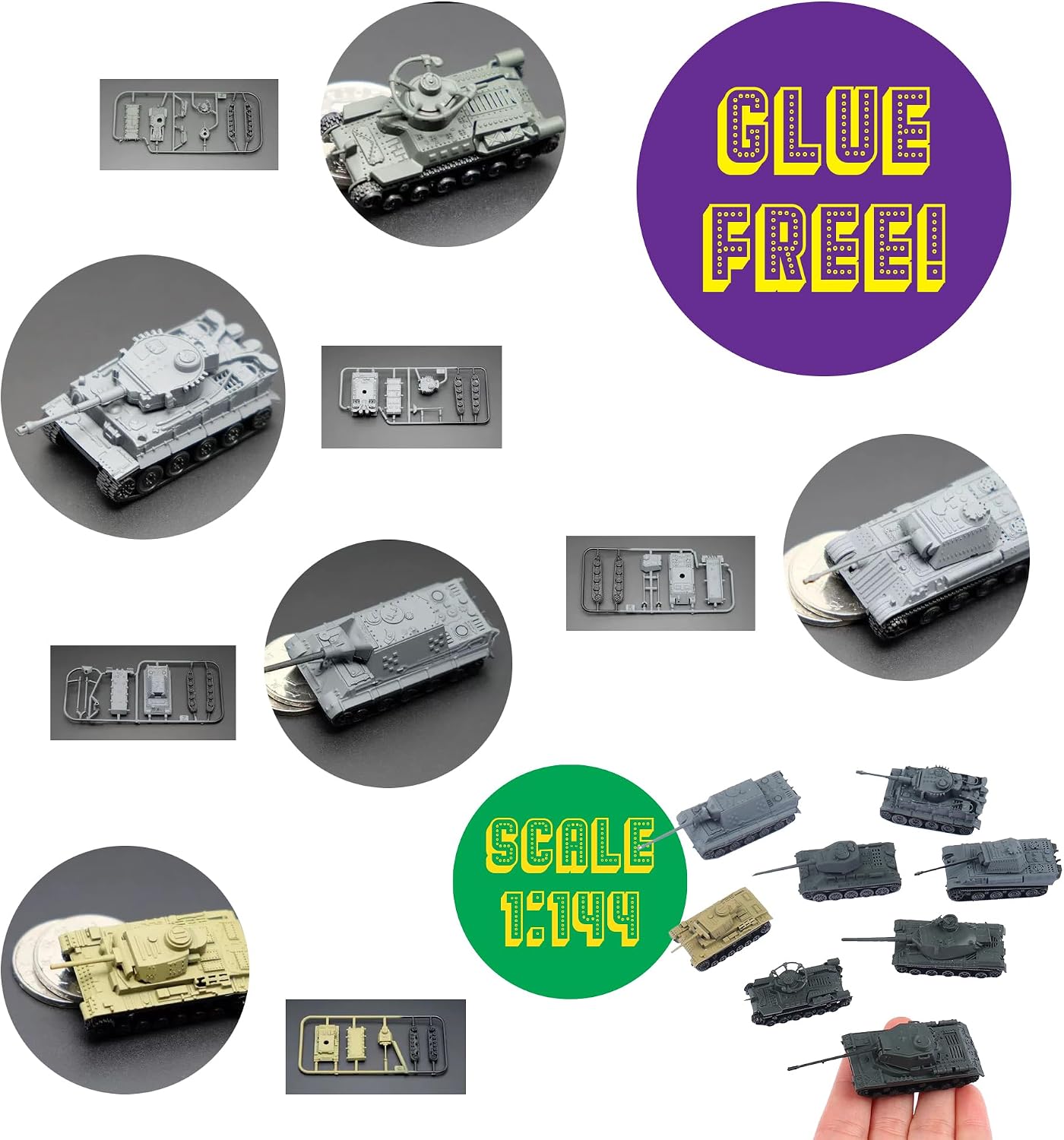 8 Pcs 1:144 Tank Toy Assembly Model Set Incl. Tiger, Henschel Jagdtiger, T34, AMX-30, Type 97, Panther G, Panzer III J, IS2 Heavy Tank for Military Toy Collection and Wargames