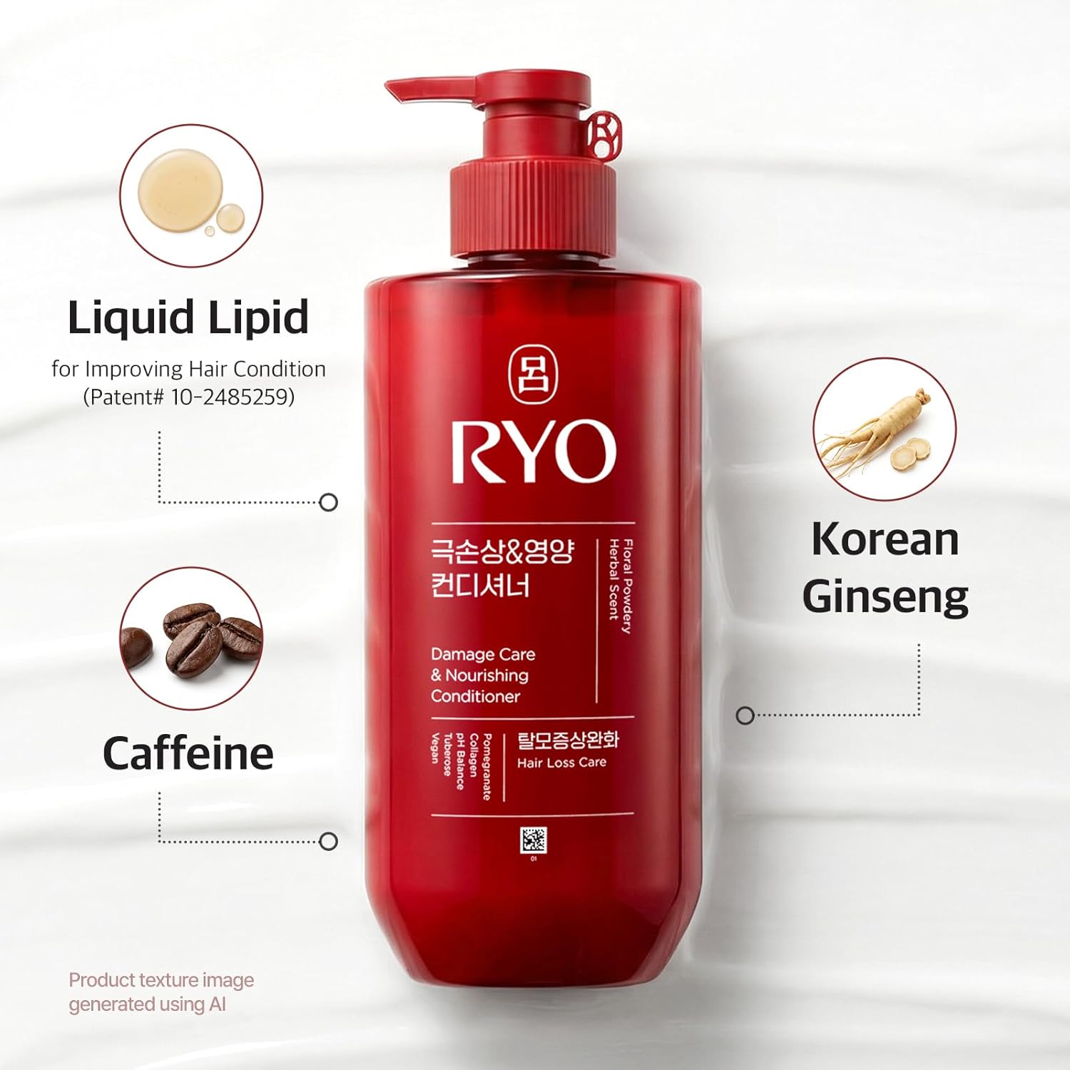 RYO Damage Care & Nourishing Conditioner with Korean Ginseng & Caffeine - Repair and Moisturizing, Anti Loss Care, Strengthening hair roots, 16 Fl Oz.