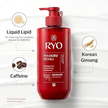 RYO Damage Care & Nourishing Conditioner with Korean Ginseng & Caffeine - Repair and Moisturizing, Anti Loss Care, Strengthening hair roots, 16 Fl Oz.